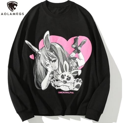 Aolamegs Sweatshirts Men Comics Sexy Bunny Girl Printed O-Neck Pullovers College Style Casual Couple Tops Baggy Cozy Streetwear