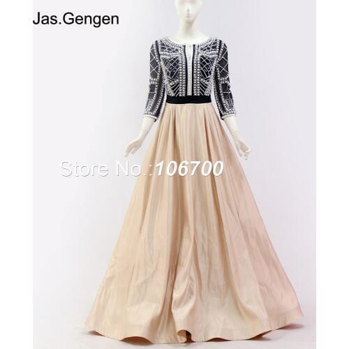 Arabic New Style Pearls Ballgown Evening Dresses Real Photos Three Quarters Sleeves O Neck Custom Make Burgundy Color Prom Gowns