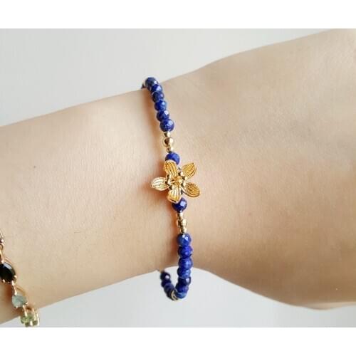 LiiJi Unique Real Lapis Lazuli Gold color flowers charm Bracelet 925 Sterling Silver Delicate Jewelry Drop Shipping
