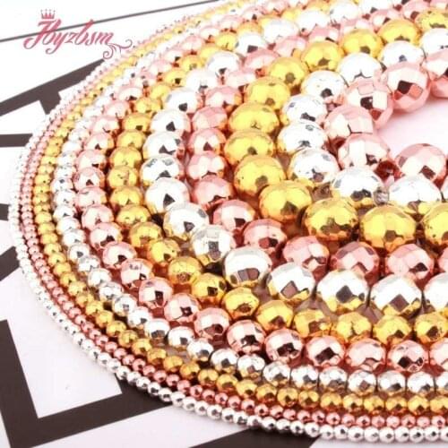 Natural Stone Beads Round Bead Ball Faceted Silver Rose Gold Natural Hematite Beads For DIY Necklace Bracelet Jewelry Making 15"