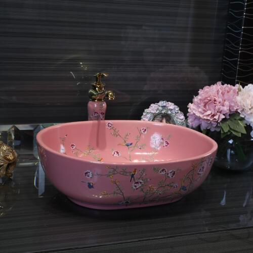 Flower and bird oval Europe style chinese wash basin Jingdezhen Art Counter Top ceramic basin bathroom sink shampoo bowls pink