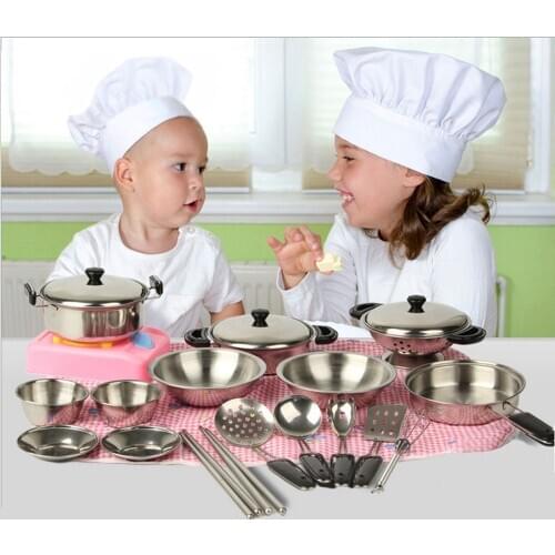 Childrens Cartoon Kitchen Toy 20Pcs Stainless Steel Pots Pans Cookware Miniature Toy Pretend Play Gift For Kids Play House Toy