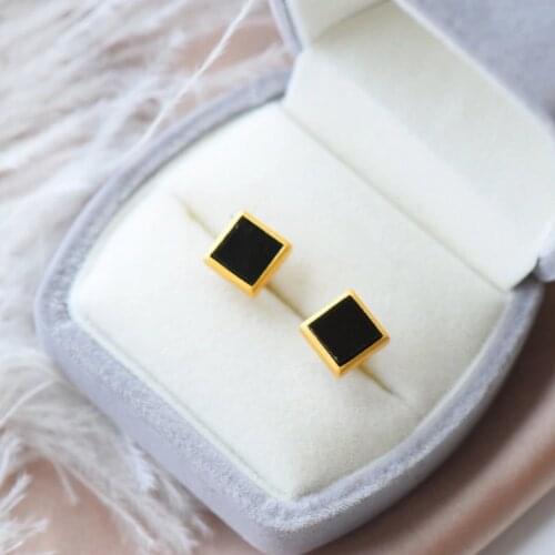 Natural Hetian Jade Dark Jade Stud Earrings Womens Sterling Silver S925 Simple Cold Style Compact Temperamental Square Gemstone