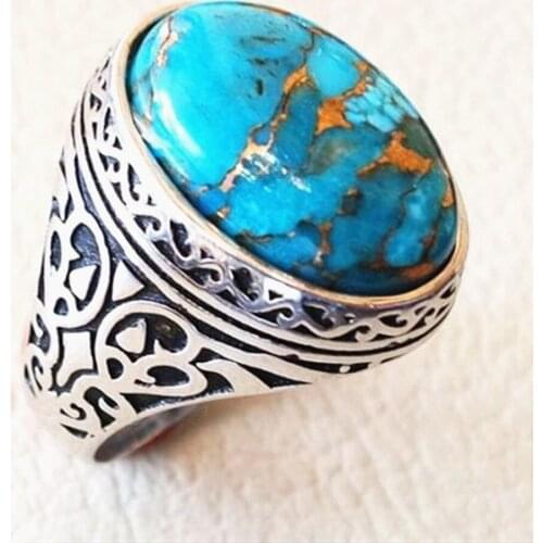 Vintage Fashion Carving Turquoise Gemstones Rings for Men Women Thai Silver Color Jewelry Bague Bijoux Party Accessories Gifts