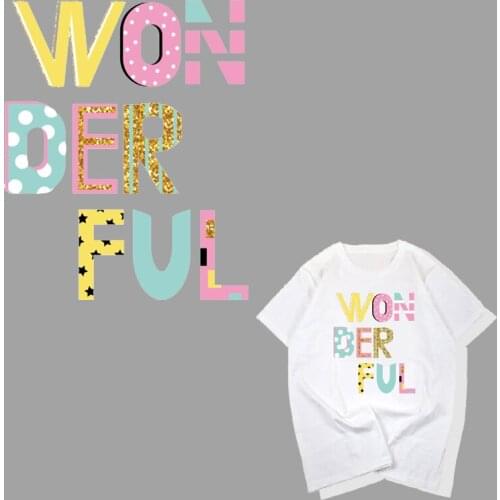 Colorful Wonderful Letter Iron On Patches Stickers Washable Appliques A-level Heat Transfer Printed For T-shirt DIY Accessory