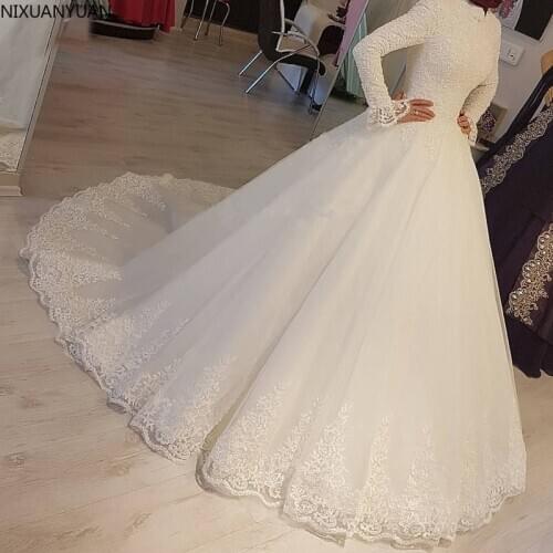 2021 White Muslim Wedding Dresses Princess High Neck Long Sleeves Lace Appliques Bridal Dresses Robe De Mariage