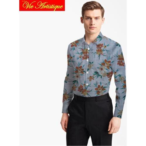 Custom tailor made Mens bespoke cotton floral shirts business formal wedding ware blouse jeans blue print orange flower fashion