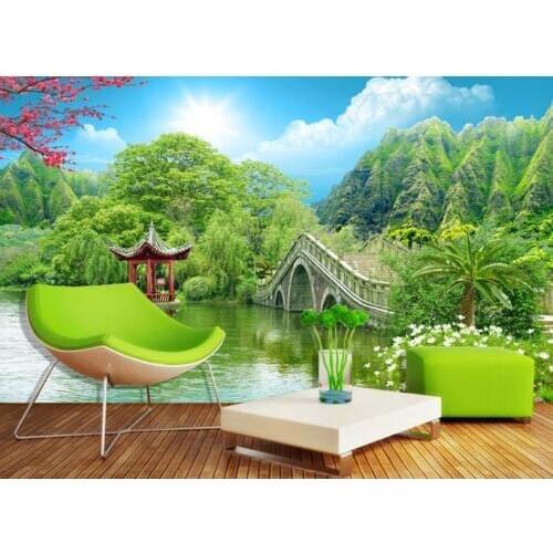 3D Mural Wallpaper Green mountains and rivers Photo Wallpaper 3D Wall arch bridge 3D Room Wallpaper landscape TV Backdrop