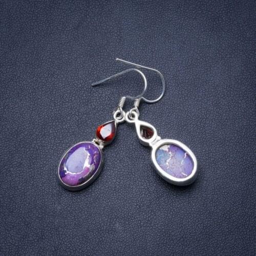 Natural Variscite and Garnet Handmade Unique 925 Sterling Silver Earrings 1.5" Y0601