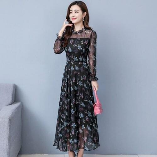 Autumn 2020 Womens Fashion Floral Chiffon Dress Long Sleeve Korean Lotus Leaf Collar Printed Dress Female Vestidos Women Q360