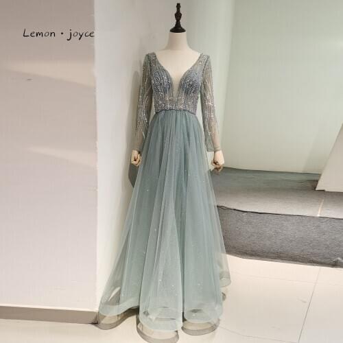 Lemon Joyce Elegant Evening Dresses 2021 Long Sleeves V-Neck A-line Formal Evening Gowns Glitter Tulle Beading Dress For Woman