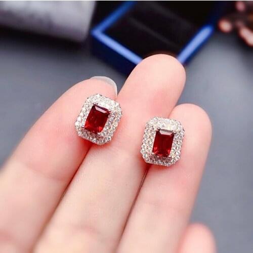 Sterling Silver Garnet Silver Earrings 4mm*6mm Emerald Cut Natural Garnet Stud Earrings 925 Silver Garnet Jewelry
