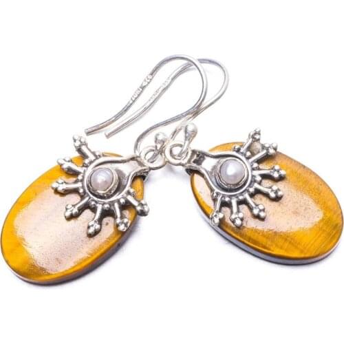 Natural Tiger Eye and River Pearl Handmade Unique 925 Sterling Silver Earrings 1.5" Y3565