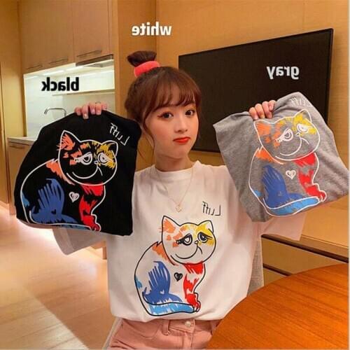 Spring Summer New T shirt Women Graffiti Cat Print Short Sleeve Round Neck T-shirts Woman Slim Fit Women Tshirt