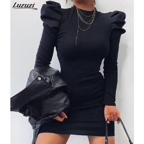 Luzuzi Puff Sleeve Party Dress Women Winter Long Sleeve Dress O Neck Mini Rib Knitted Slim Wrap Sexy Bodycon Female Dress 2021