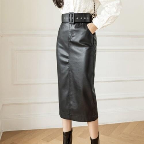 WKFYY Women Elegant PU Black Coffee Bodycon High Waist Belt Sashes Sheath Split Straight Pencil Mid Calf Long Skirt OL S4013