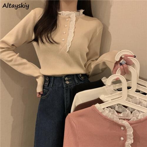 Sweaters Women Spring Korean Style Solid Long Sleeve Pullovers Lace Sweet Knitted Slim Ladies Casual Comfortable Fashionable Ins