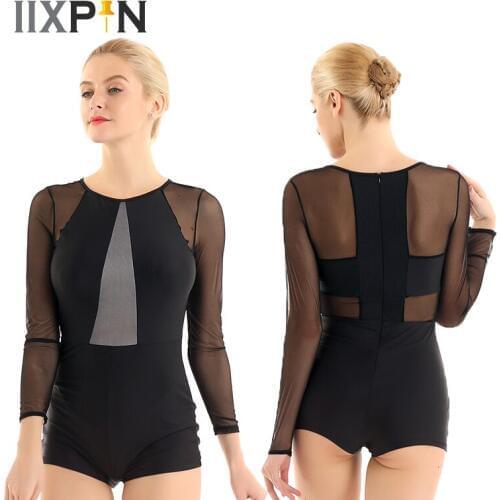 Women One-piece Ballet Dance Biketard Jazz Gymnastics ballerina Bodysuit Round Neck Long Sleeves Mesh V Front Ballet Leotards