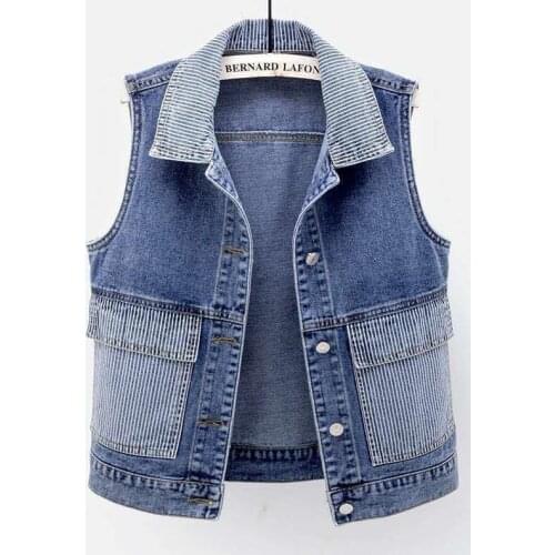 2021 New Denim Vest Jacket Women Stripe Splice Waistcoat Vest Ladies Sleeveless Jacket Coat Vintage Jeans Coat Tops Cowboy Vests
