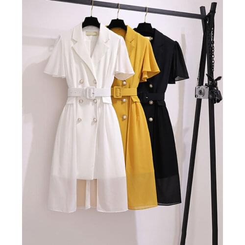 2021 Summer New Large Size Blazer Dress Design Sense Solid Suit Collar Double-breasted Womens Temperament Slim 4XL Dress aq641