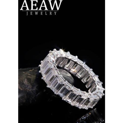 AEAW Solid 18K White Gold Emerald Baguette 3*5mm 2*4mm Engagement Band Ring Wedding Moissanite Eternity Band For Women