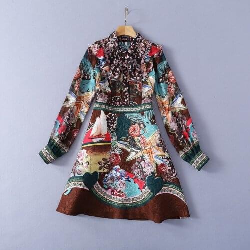 223 2021 Runway Dres Spring Summer Dress Long Sleeve Lapel Neck Khaki Flora Print Panelled Womens Clothes SH