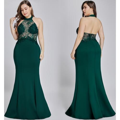 Plus Size Mermaid Sexy Lace Evening Dress Green Halter Sleeveless Floor-length Dress Backless Zipper-up Dress for Party