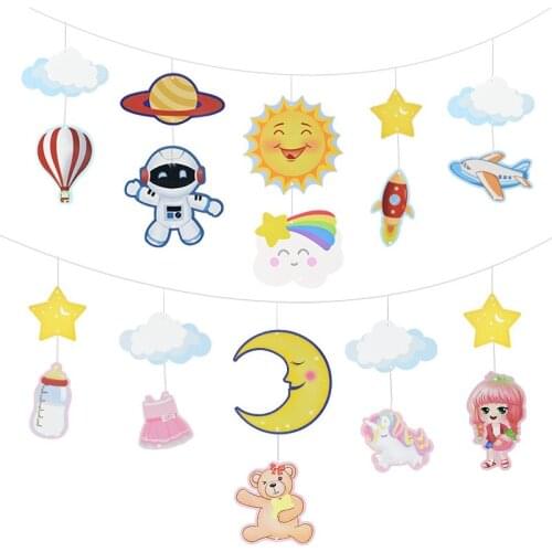 1set Cute Cartoon Banner Kids Birthday Party Hanging Decor Spaceship Astronaut Banner Bunting Garland Baby Shower Decoration