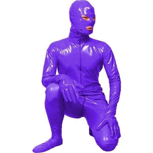 12 Colors Men Glossy PVC Zipper Zentai Masked Cosplay Catsuit Full Body Open Eyes Mouth Jumpsuit Halloween Masquerade Costume