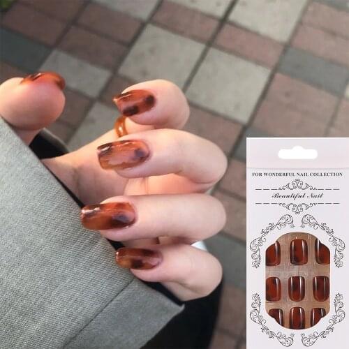 24pcs glossy amber round head short false nails press on artificial nail art for finger cover beauty manicure art fake nail tips