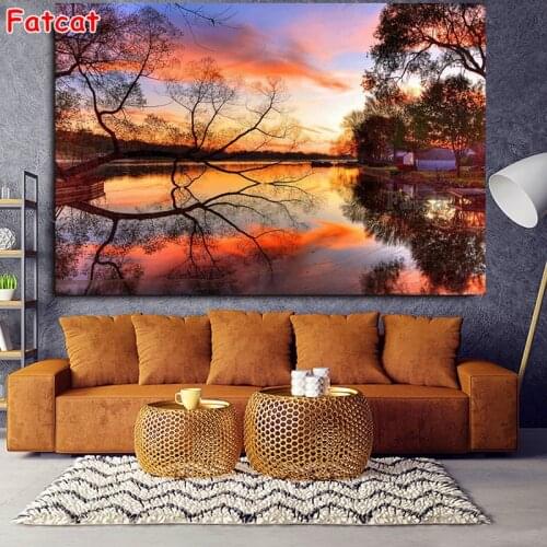 Diamond Embroidery 5D DIY Diamond Painting Autumn Landscape Tree wooden house Lake rhinestone Diamond living room decor PP2204