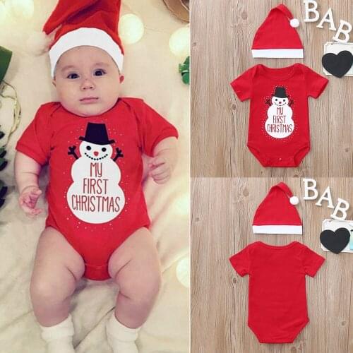 ARLONEET 2pcs Baby Boys Girls Christmas Snowman Letter Print romper short sleeve Rompers Hat Set Outfit Jumpsuit CO29