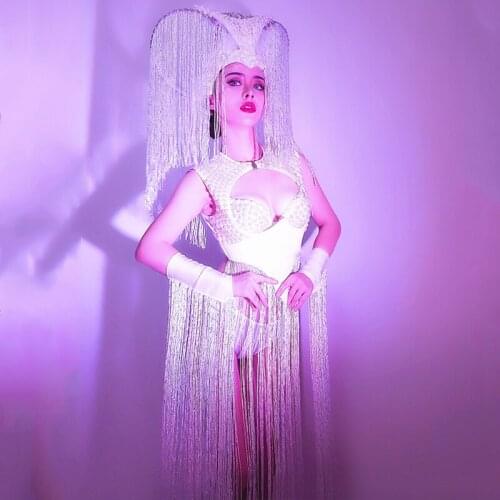 White Fringe Bikini Sexy Gogo Dance Costume Pearl Tassel Headdress Women Singer Costume Nightclub Dj Wear Stage Outfit VDB3121