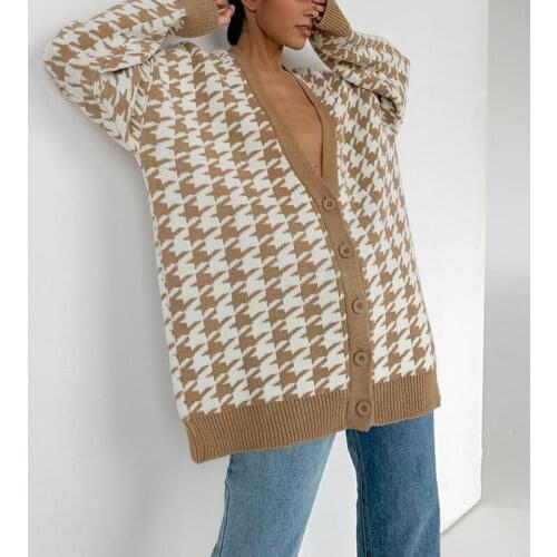 COKAGO Houndstooth print Women Cardigan Sweater Long Sleeve Fashion Single-Breasted Oversized Vintage Cardigans jumper 2021