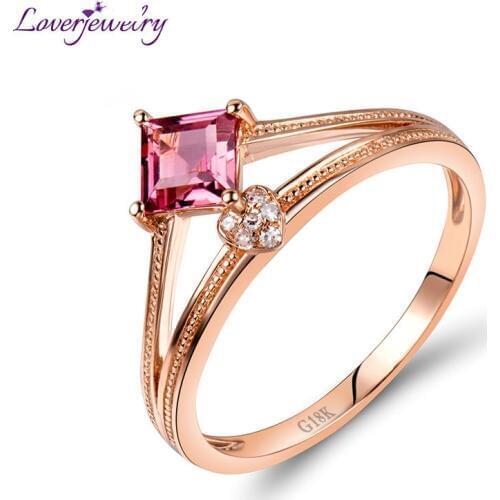 LOVERJEWELRY Women Rings 4.5mm Princess Cut Pink Tourmaline Stone Rose Gold Ring Solid 18K OL Style Fine Jewelry
