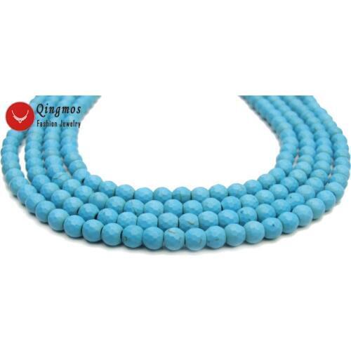 Qingmos Natural 6mm Round Faceted Blue Turquoises Loose Beads for for Beadwork DIY Necklace Bracelet Earring 15" los806