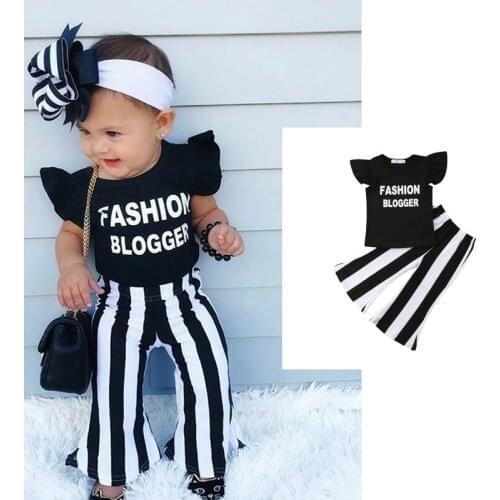 Summer Toddler Baby Girls Clothes Casual Short Petal Sleeve Striped Letter Printed Tops Flare Pants Outfits Childrens Clothing