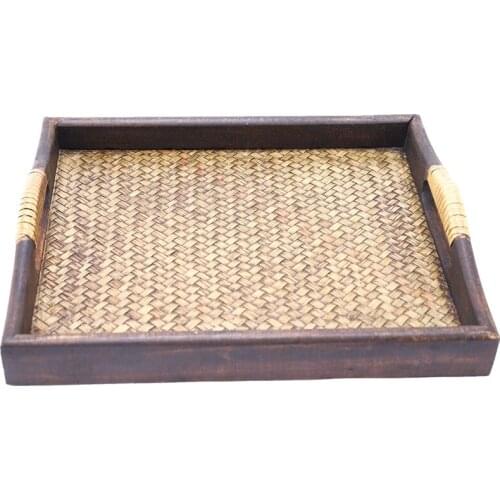 Multi-Functional Wooden Serving Trays With Handle Rectangle Handmade Rattan Bamboo Tea/Oil Trays Dessert/Coffee/Fruits Plate 30