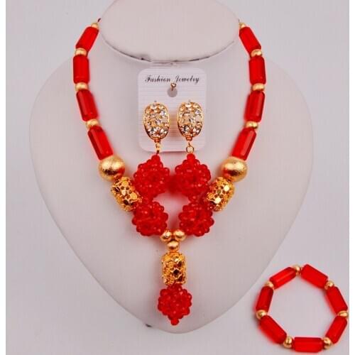 In Fashion Red Crystal African Necklace Beads Bridal Jewelry Sets for Nigerian Wedding ZQ4-5