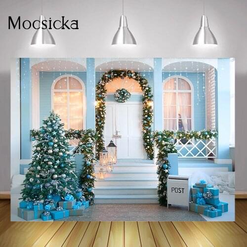 Christmas Family Party Backdrop Decorations Blue Retro House Winter Portrait Photography Background Christmas Trees Gifts Wreath