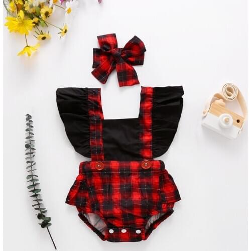 2020 Xmas Romper Clothes For Newborn Baby Girls Boys Flying sleeve Red Plaid Print Ruffles Jumpsuits Headband Christmas sets