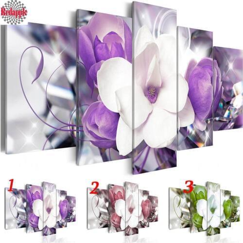 Modern Painting diamond 5 pcs Beautiful Elegant White Flower Home Decor diamond mosaic rhinestone embroidery Wall Art Picture