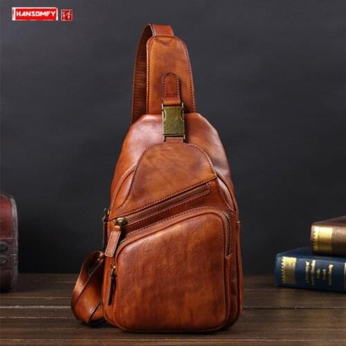 Vintage Leather Mens Bag Men Chest Bag Casual Shoulder Messenger Bag Cowhide Outdoor Chest Small Bags Fashion Tide 2021 New