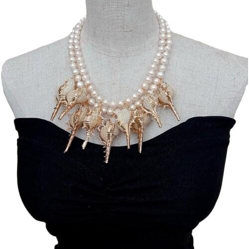 YYGEM Natural Sea Shell screw Pendant 2 Strands Freshwater Cultured White Pearl Statement Necklace 18"