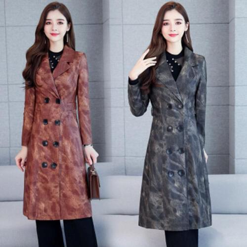 Leather Jacket Womens Long Windbreaker 2019 Autumn New Slim Korean Style OL Pu Leather Ladies Coat Khaki Camouflage Green f1847