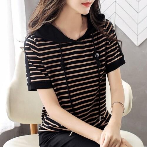 Womens Short Sleeve 2020 New Large Size Loose Striped Hooded T Shirts Summer T-shirt Tops Tee Fashion Clothes For Ladies