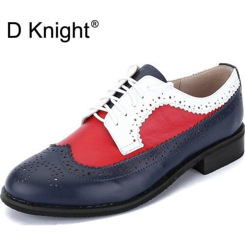 New Brogue Shoes Woman Mixed Colors Genuine Leather Oxfords Vintage Handmade Ladies Casual Lace Up Flats Oxford Shoes For Women
