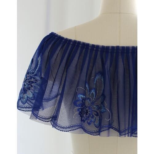 1Meter/ 20CM Navy Blue Purple Double-layer Mesh Flower Embroidery Pleated Lace Fabric Trims for Handmade Dress Skirt Material