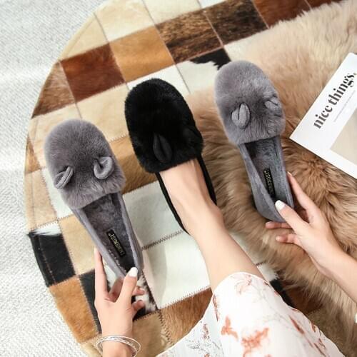 2020 autumn/winter new round head super soft velvet flat heel daily rabbit hair shallow mouth girl bean shoes flat shoes