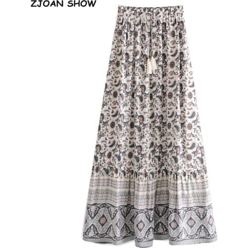 2021 Bohemia Paisley Floral Print Long Skirt Spliced Ruched Ruffle Hem Hippie Women Tassel Tie Bow Swing Skirts Holiday Beach